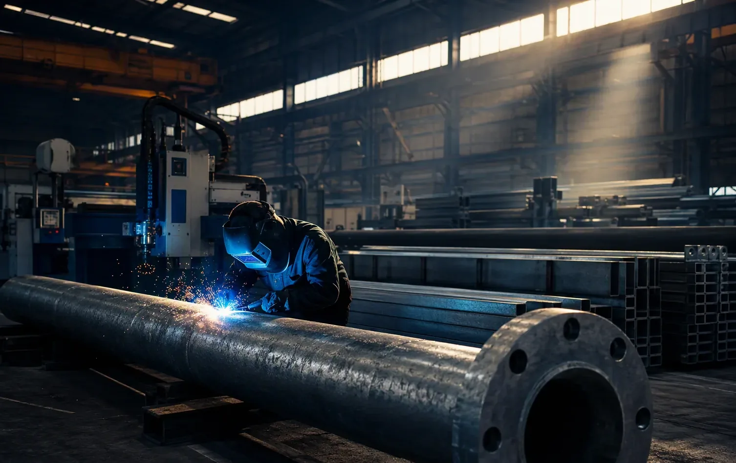 Steel fabrication facility with welding in progress