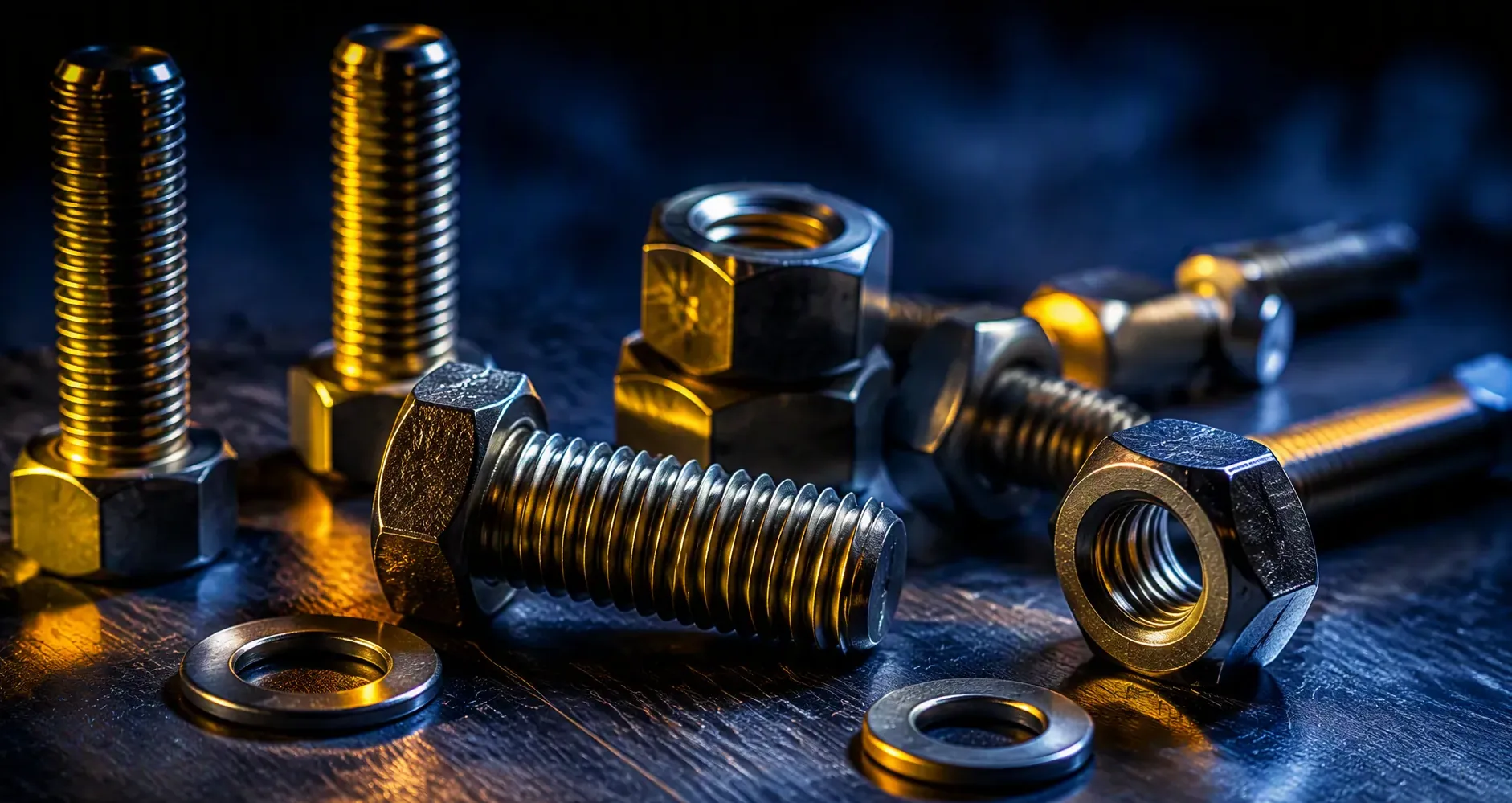 Precision industrial bolts, nuts and washers on dark steel