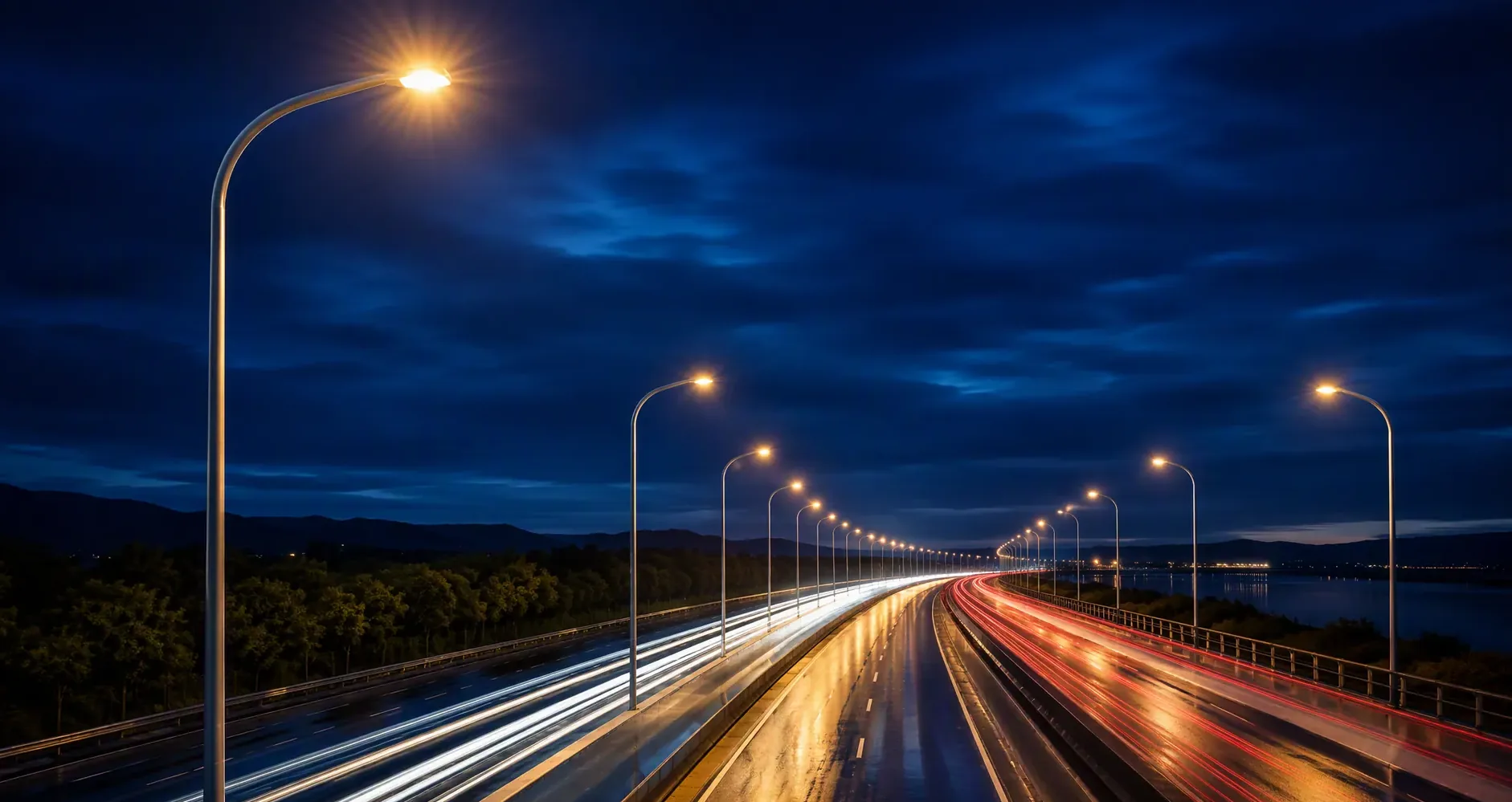 Steel street light poles along a highway at blue hour