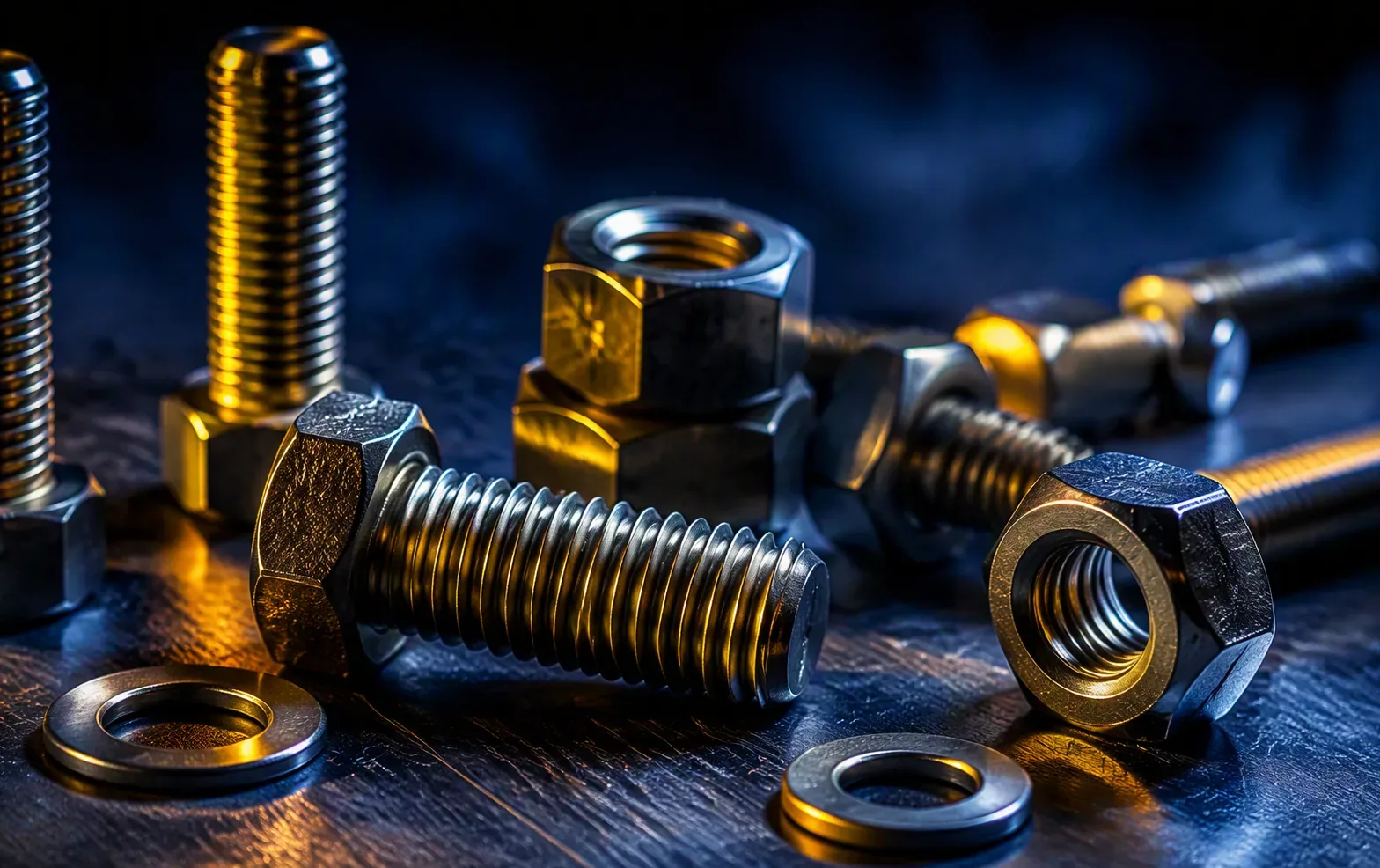 Precision industrial bolts, nuts and washers arranged on dark steel